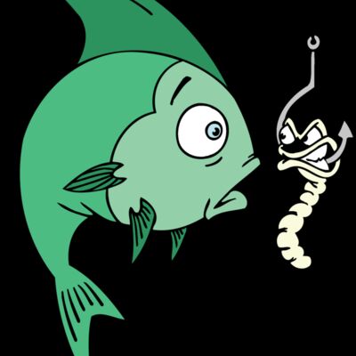 green fish staring at angry worm on fishing hook Thumbnail