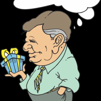 Older gent with present and thought bubble Thumbnail