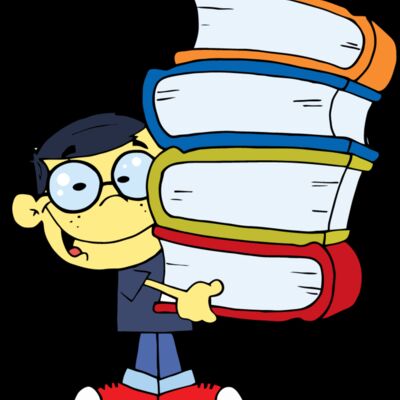boy with glasses holding 4 big books Thumbnail
